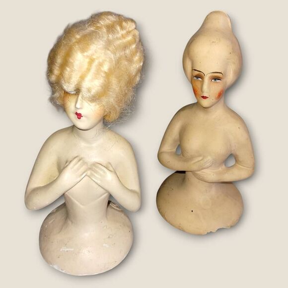 Vtg K.G. 1925 Chalkware Half Dolls-Flapper Art Deco Style Painted Wigged Germany - Picture 7 of 10